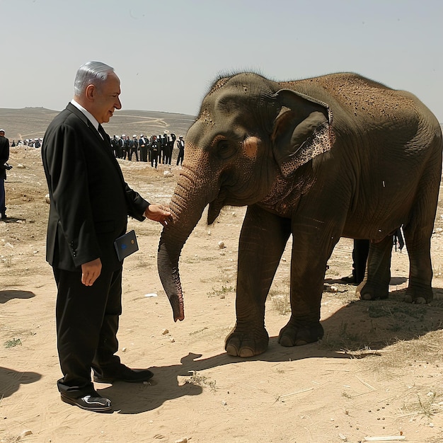 a man is standing next to an elephant with a man in a black shirt
