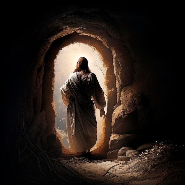 A man is standing in the entrance to the cave with the words jesus on it
