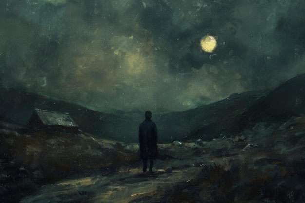 A man is standing in a field at night looking up at the moon