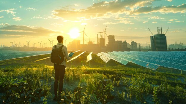 Photo a man is standing in a field of solar panels looking at his phone