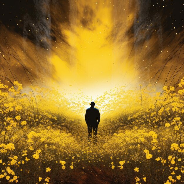 Man is standing in a field of yellow flowers