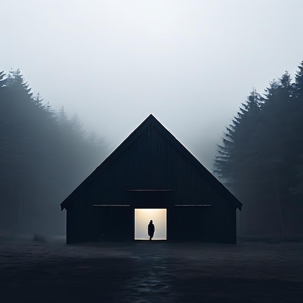 a man is standing in front of a barn with the door open