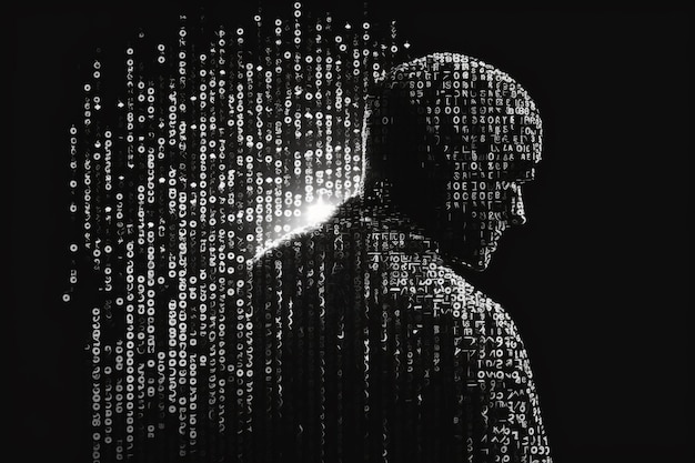 A man is standing in front of a binary code.