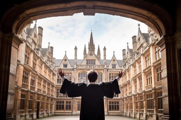 Photo a man is standing in front of a building with his hands up