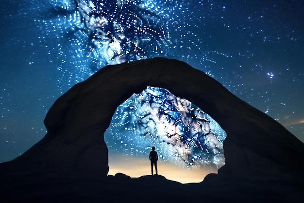 Photo a man is standing in front of a cave with a man standing in front of it