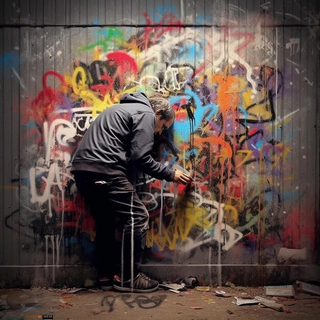 Photo a man is standing in front of a colorful painting