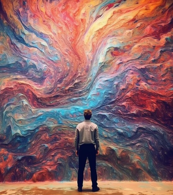 a man is standing in front of a colorful painting