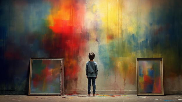 Photo a man is standing in front of a colorful painting