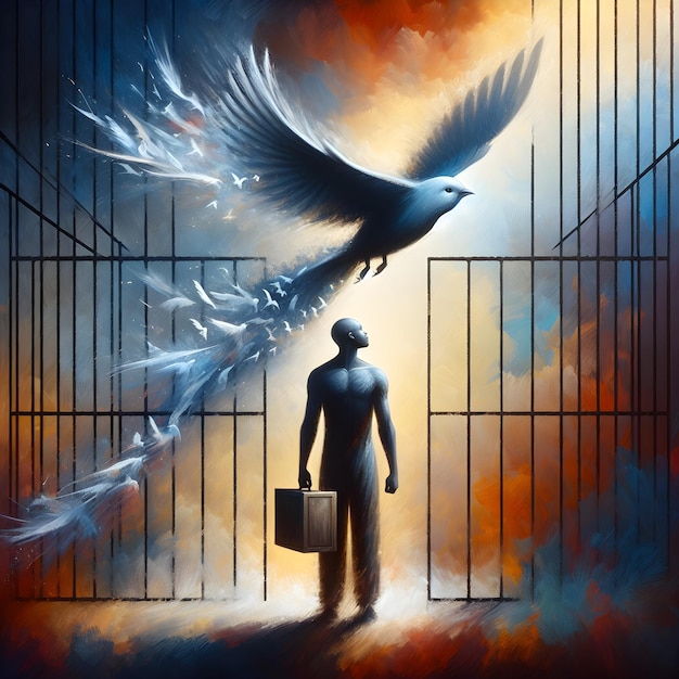 Человек стоит перед забором с птицей, летающей в небе.