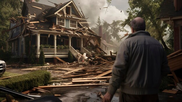 Photo a man is standing in front of a house that has been destroyed