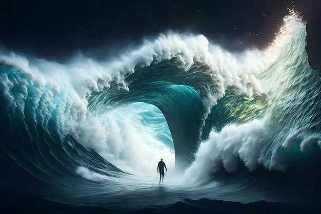 A man is standing in front of a huge wave that is about to crash human desire and decide concept
