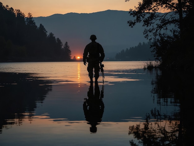 a man is standing in front of a lake with mountains in the background