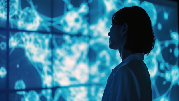 A man is standing in front of a large illuminated display which shows a digital network