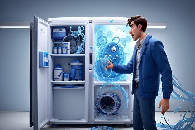 Photo a man is standing in front of an open refrigerator zapped the shocking truth of leakage current