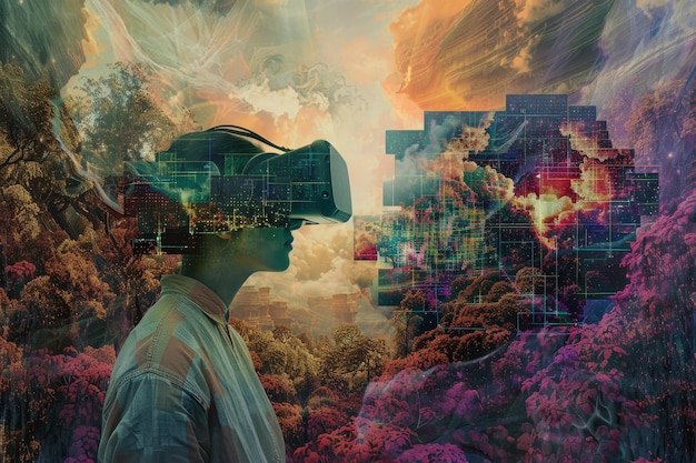 a man is standing in front of a surreal landscape a surreal depiction of virtual reality merging with physical reality