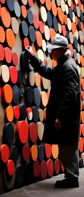 Photo a man is standing in front of a wall of red and gold cans