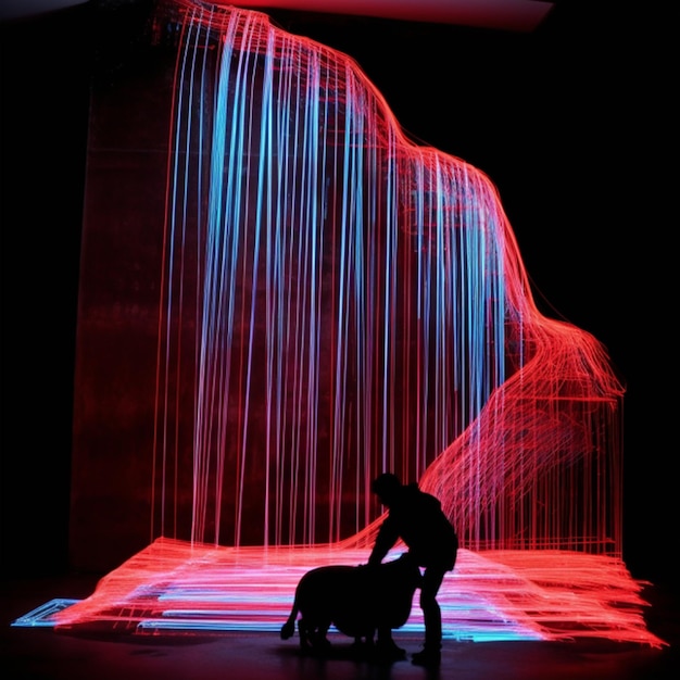 A man is standing in front of a wall with a red light that is being projected on it.