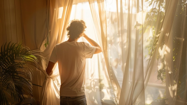 A man is standing in front of a window with a white curtain