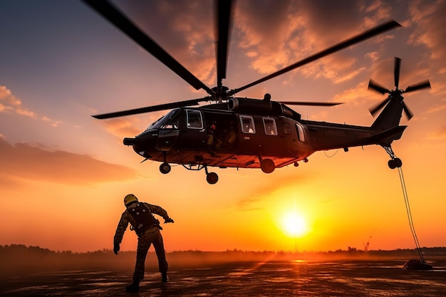 a man is standing next to a helicopter as it takes off