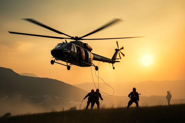 a man is standing next to a helicopter as it takes off