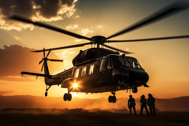 a man is standing next to a helicopter as it takes off