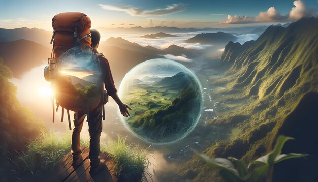 Photo a man is standing on a hill with a globe and the words  the world  on the bottom