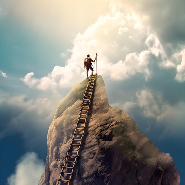 A man is standing on a ladder in the clouds and the word " the word " on the top.