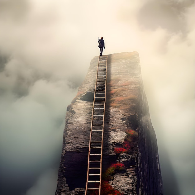 A man is standing on a ladder in the clouds and the word " the word " on the top.