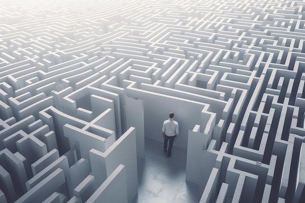 A man is standing in a maze that looks like he is in the middle of generative AI