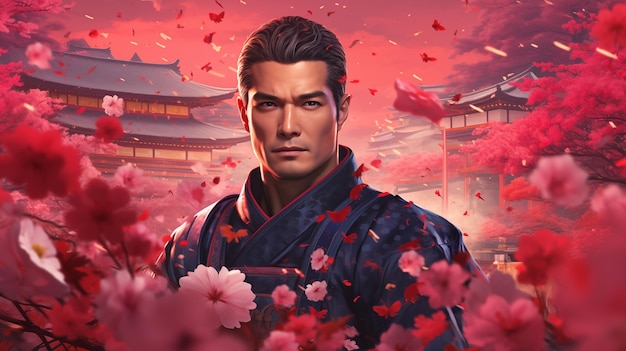 a man is standing in the middle of red blossoms