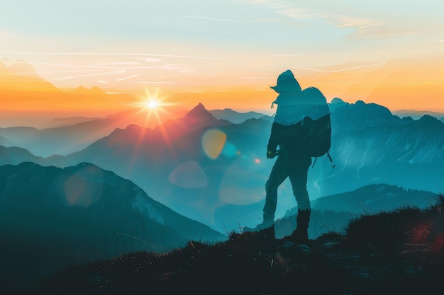 A man is standing on a mountain top with a backpack