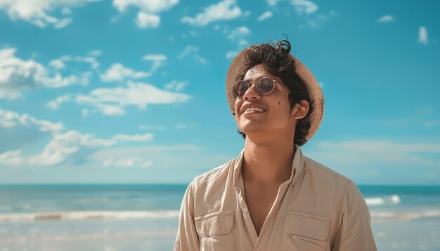 A man is standing in the ocean wearing a green shirt