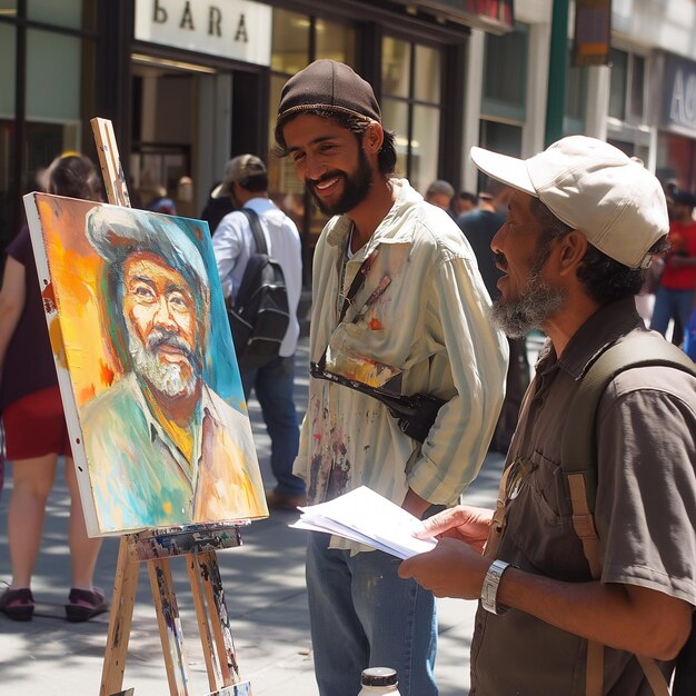 a man is standing next to a painting that says quot barbeque quot