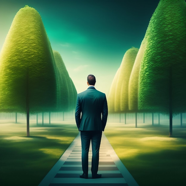 A man is standing on a path that is surrounded by trees and the words the word on the bottom