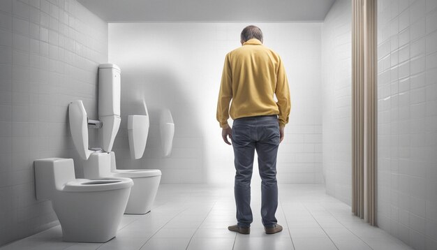 Photo man is standing pee in a toilet healthcare urinal concept