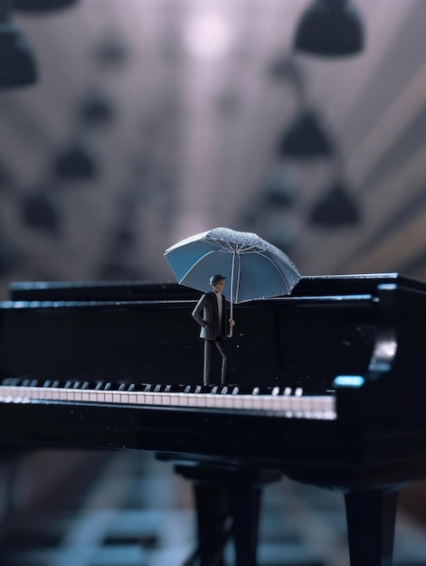 A man is standing on a piano with an umbrella that says " i love you ".