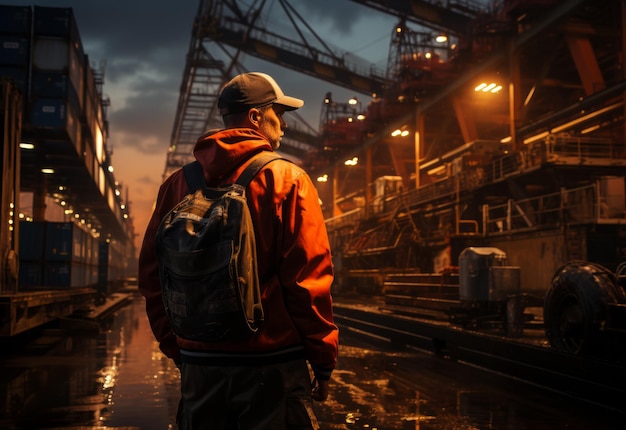 Man is standing in port with backpack on and cap on his head He is looking out over the water and the cargo cranes and containers in the background