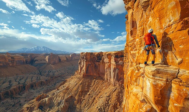 a man is standing on a rock ledge and looking at the mountains