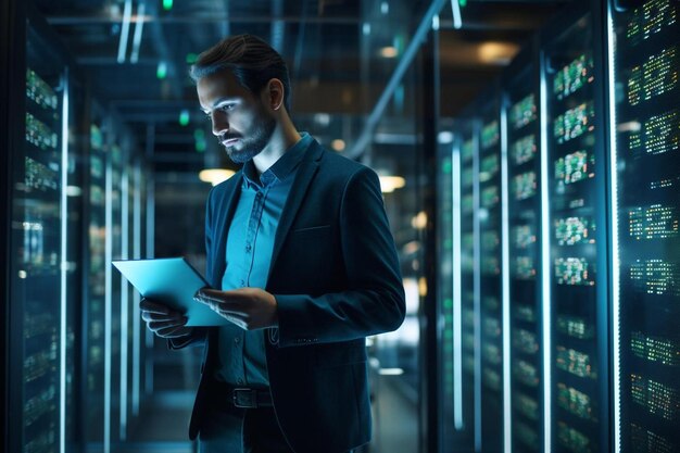 Photo a man is standing in a room with a tablet that says  no