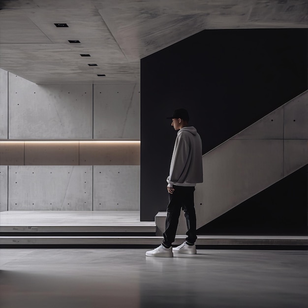 a man is standing in a room with a white and black wall