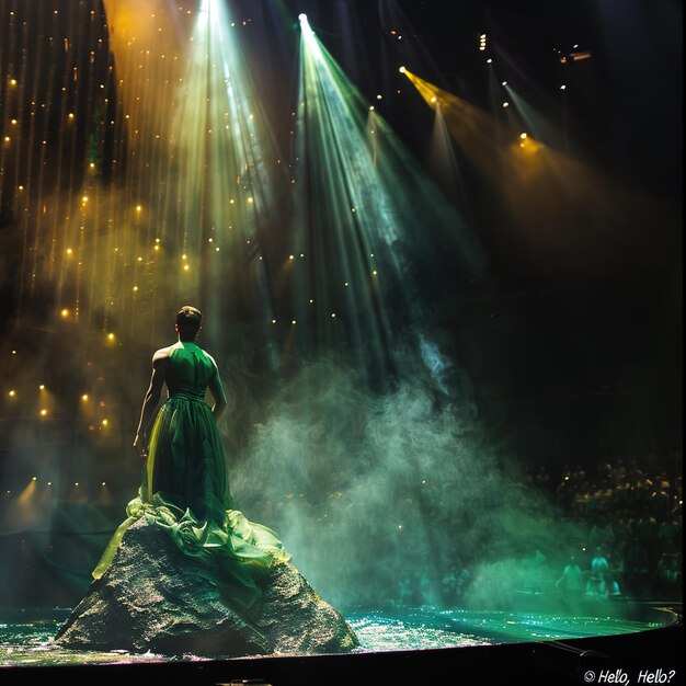 Photo a man is standing on a stage with a woman in a green dress on it