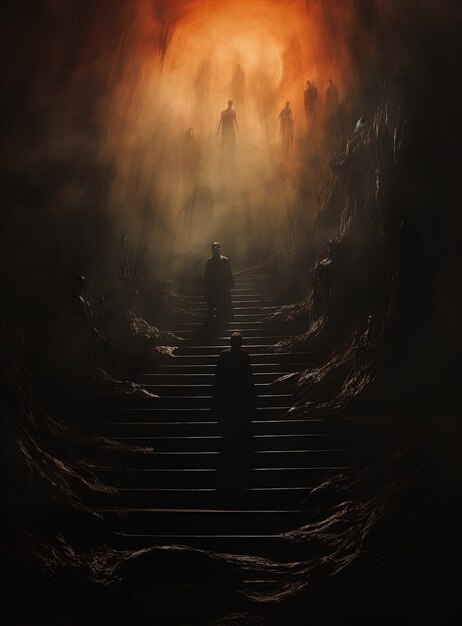 Photo a man is standing on a staircase in the dark