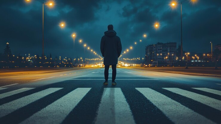 A man is standing on a street in the rain The street is wet and the man is wearing a black jacket