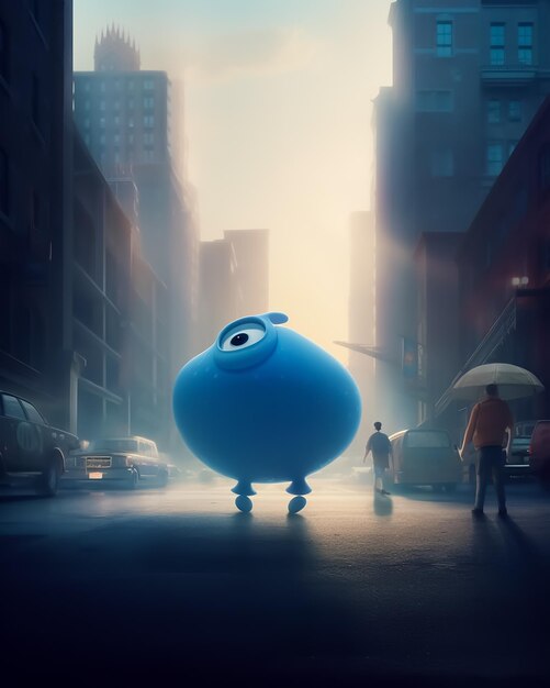 A man is standing in the street with a blue ball shaped like a monster.