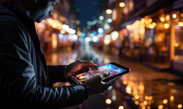 A man is standing on the street with a mobile phone