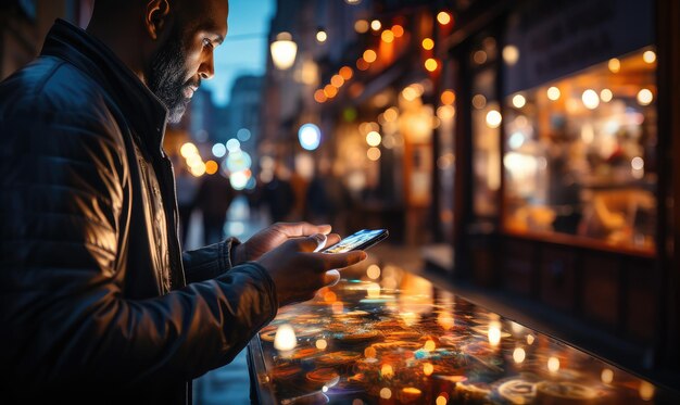 A man is standing on the street with a mobile phone