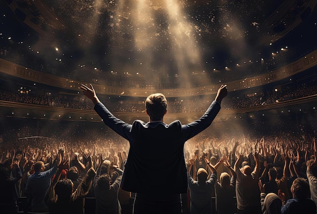 a man is standing up in a concert hall making a gesture of joy