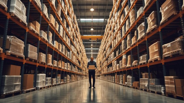 A man is standing in a warehouse looking at a tablet AIG41