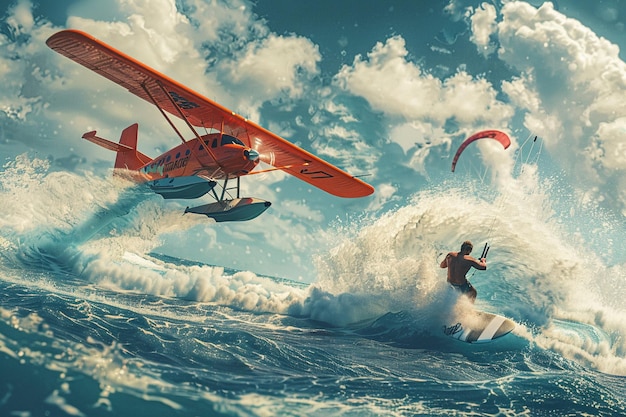 a man is surfing in the ocean with a red sail