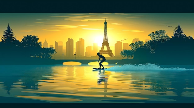 A man is surfing on a wave in front of the Eiffel Tower